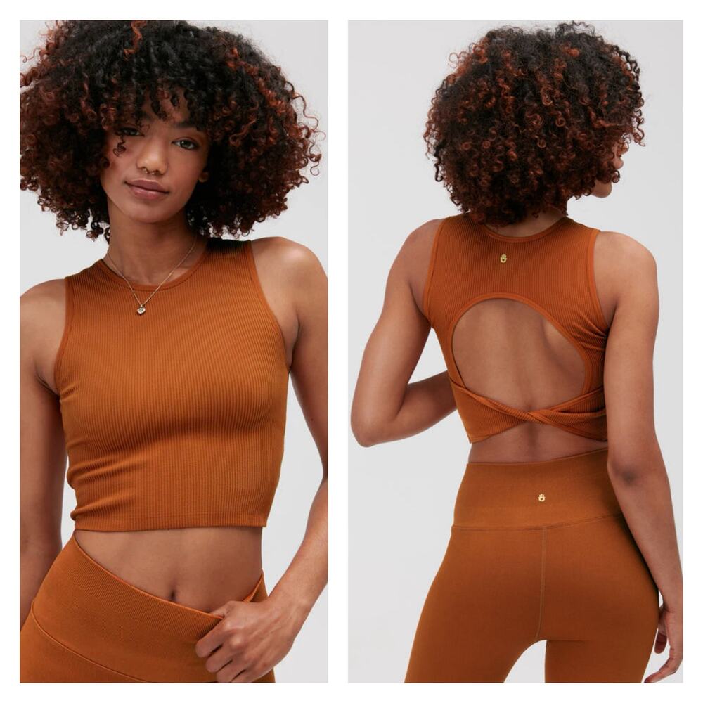 Spiritual Gangster Serene Crop Top XS Small Ribbed Seamless Twist Back Orange